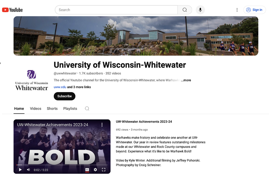 UW-Whitewater's YouTube channel with the university logo and a landscape image of campus.
